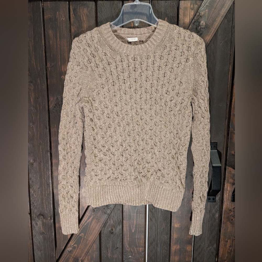 JCrew, Cable Knit Sweater in Beige With Gold Sparkle